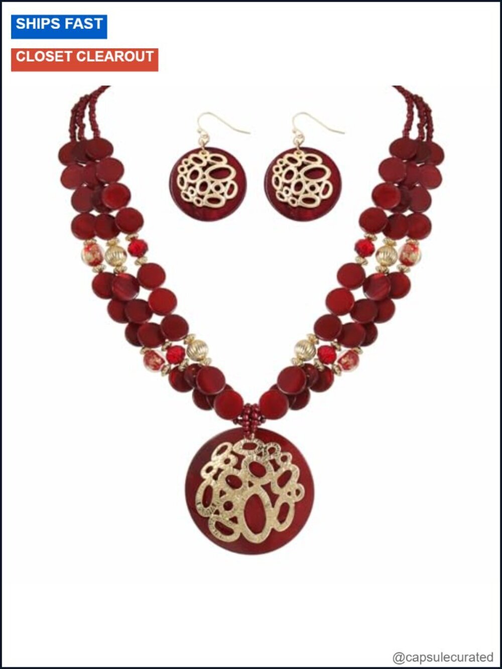 Gold Plated Circle Shell Pendant Necklace Earrings Set